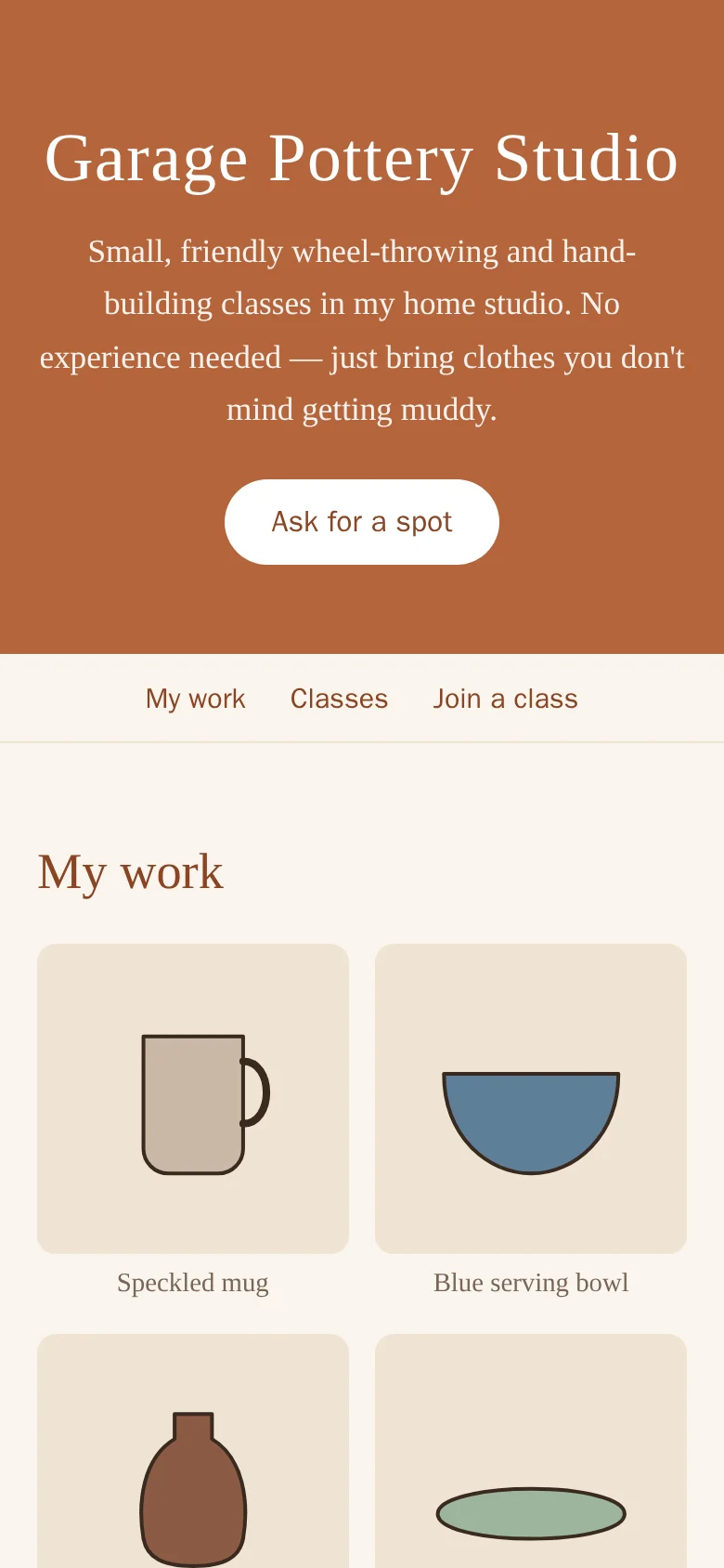 The website Claude Code built: Garage Pottery Studio, with an Ask for a spot button.
