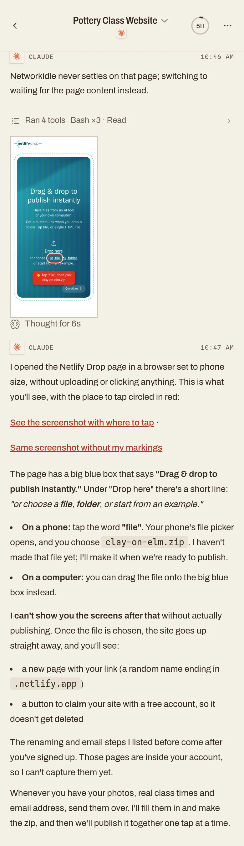 In the chat, Claude shows a screenshot of the Netlify page with the place to tap circled in red, and explains: on a phone, tap the word file.
