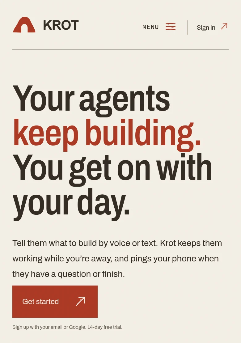 דף הבית של Krot בטלפון, ובו הכפתור האדום Get started.