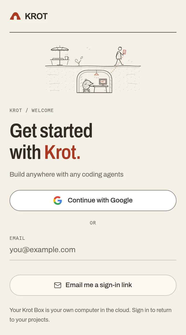 מסך ההרשמה ל-Krot: כניסה עם Google או קישור במייל.