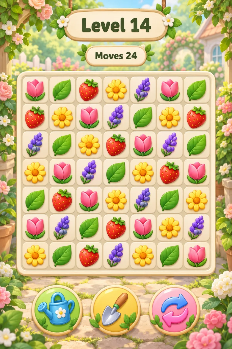 A cozy garden puzzle game on a phone: a board of flower and fruit tiles to match, level 14, a moves counter and three boosters.