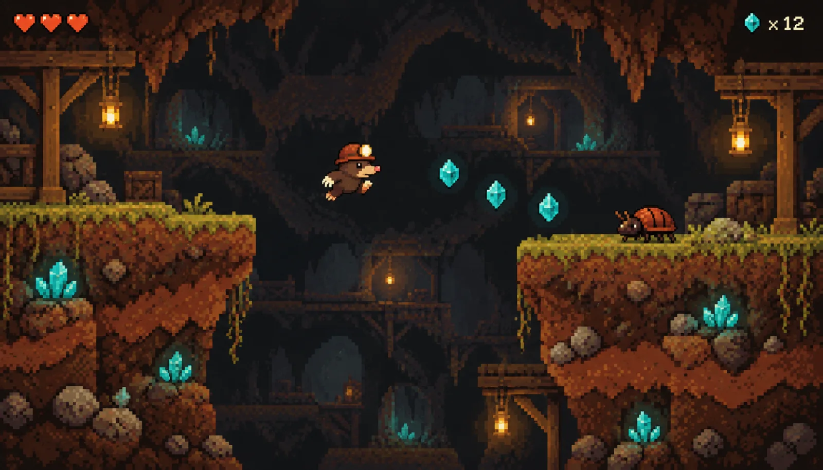 A pixel-art platformer: a mole in a miner’s helmet jumps between mossy dirt ledges in a cave lit by lanterns, past glowing teal crystals and a beetle. Three hearts top left, a crystal counter reading 12 top right.