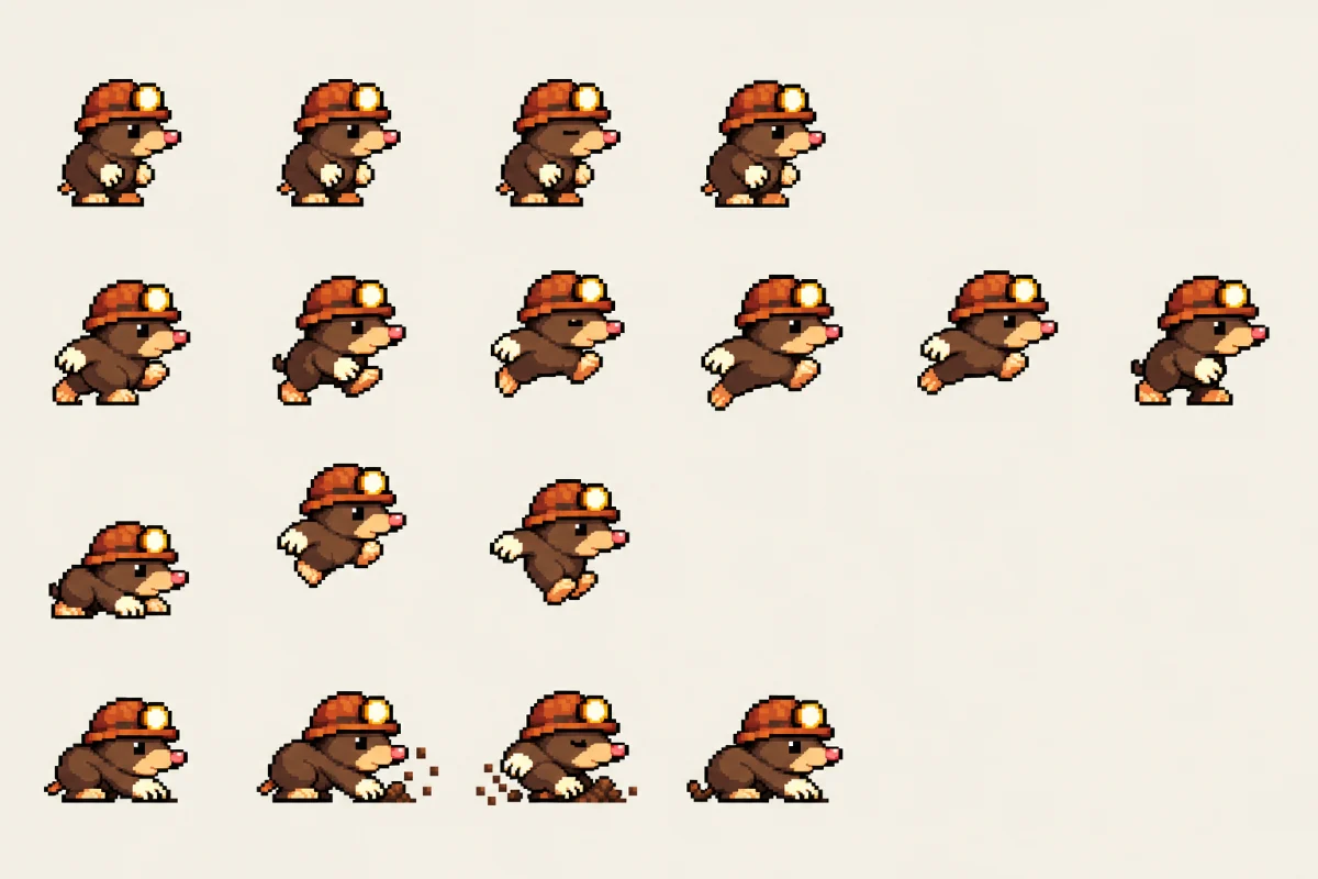A sprite sheet of the mole: rows of frames for standing, running, jumping and digging.
