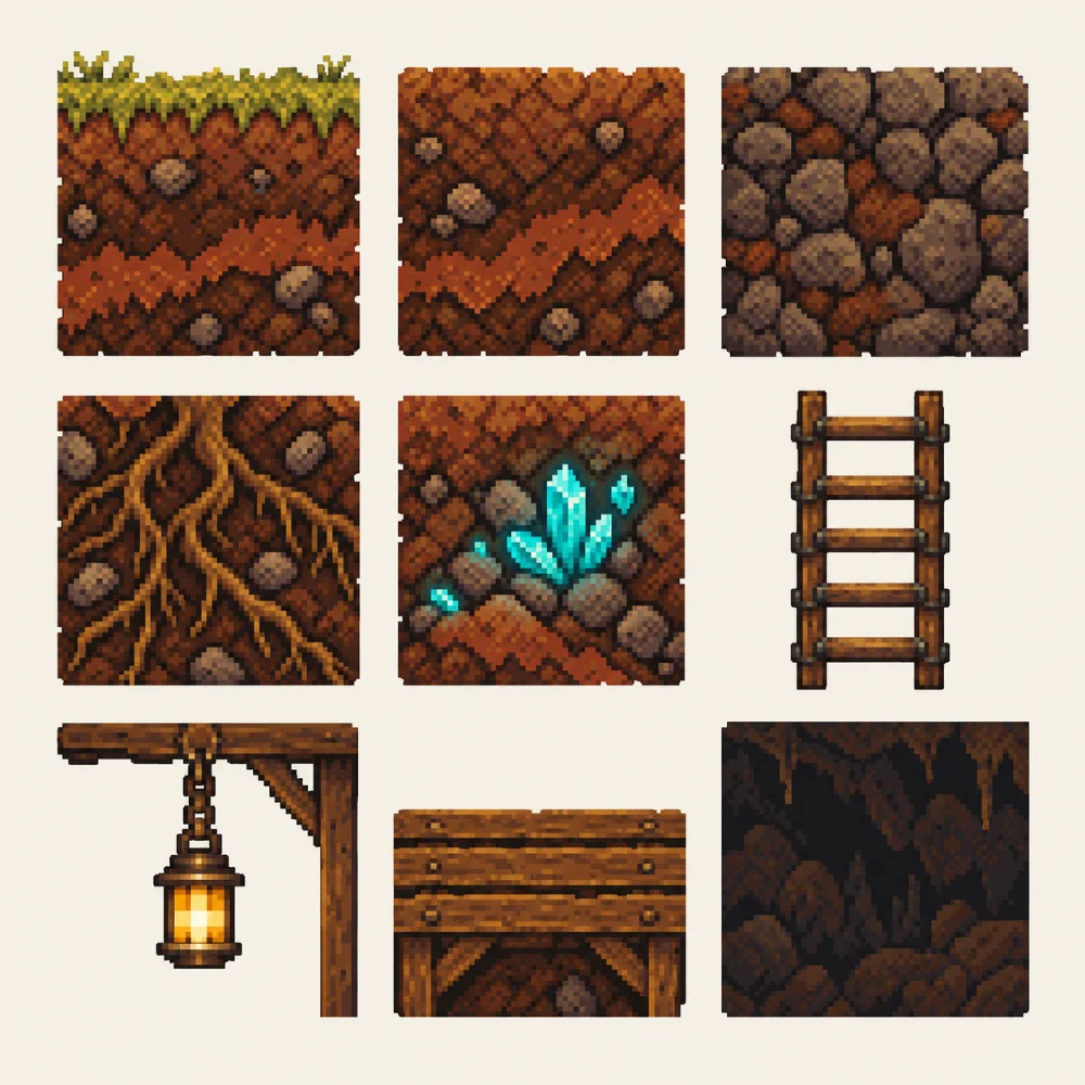 A tileset: grass-topped dirt, plain dirt, stone, roots, crystal ore, a ladder, a lantern, planks and tunnel wall.