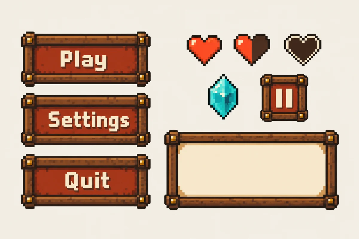 A pixel-art menu kit: wooden Play, Settings and Quit buttons, full, half and empty hearts, a teal crystal, a pause button and a blank wooden panel.