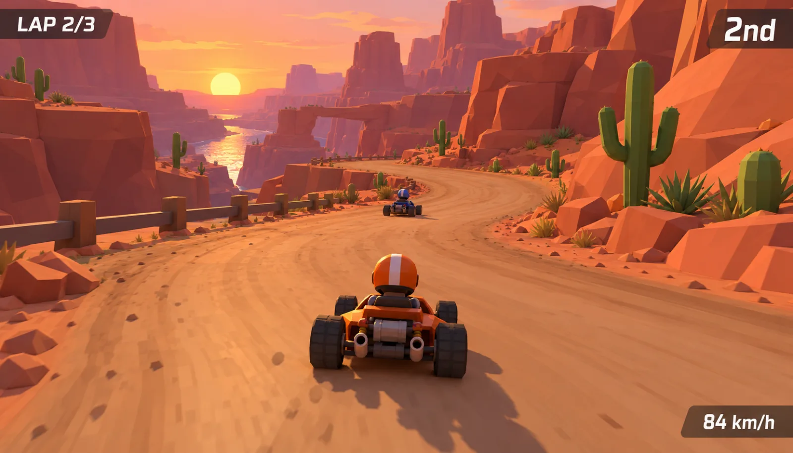A low-poly 3D kart race on a twisting canyon road at sunset, with flat-shaded rocks and cacti, and a small race display: lap 2 of 3, 2nd place, speed.
